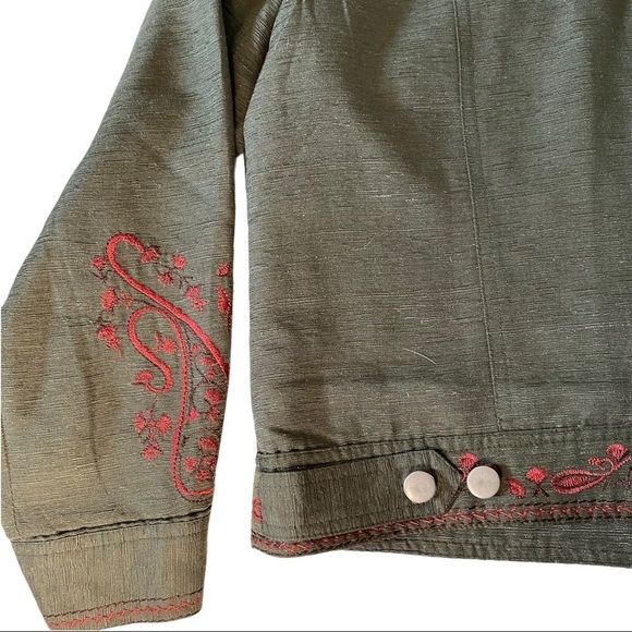 Carole Little Women Olive & Red Embroidered Silk Jacket Blazer Sz SP Shacket - Picture 10 of 11